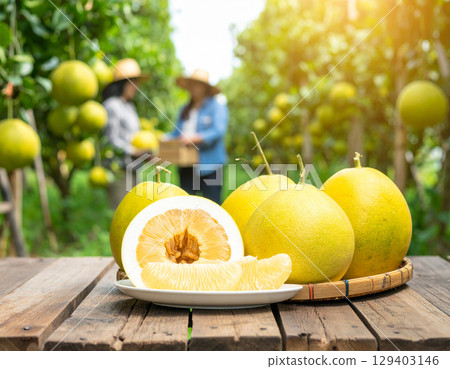 AI generated A rustic wooden table filled with fresh pomelos including halved fruits and peeled segments on white plate Background shows pomelo orchard with farmers harvesting agriculture themes 129403146
