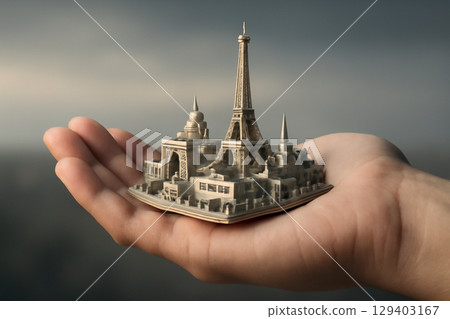 AI generated image of a human hand holding a 3D model of Paris featuring landmarks like the Eiffel Tower. A sleek modern aesthetic with soft lighting and atmospheric effects. 129403167