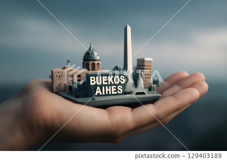 AI generated a hyper-realistic image of a human hand holding a minimalist 3D model of Buenos Aires featuring iconic landmarks with a soft-focused background. Ideal for design, architecture 129403189
