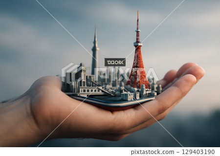 AI generated image of a human hand gently holding a 3D miniature model of Tokyo with iconic landmarks. Soft, natural lighting and a minimalist cityscape design convey a sense of wonder and delicacy. AI generated image of a human hand gently holding a 3D miniature model of Tokyo with iconic landmarks. Soft, natural lighting and a minimalist cityscape design convey a sense of wonder and delicacy. 129403190