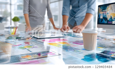 business managers planning strategy over coffee in open space workplace, high detail, 3D render 129403484