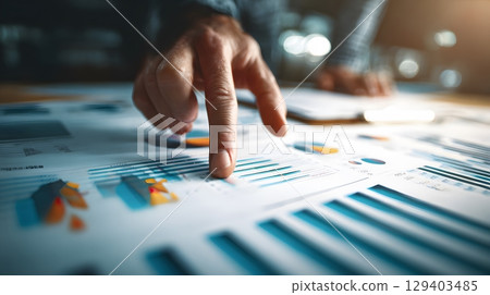 close-up top view of office table with hands pointing at graphs and charts, realistic 3D render 129403485