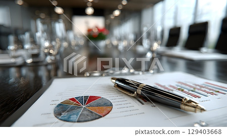 close-up of conference table detail with pen and analysis chart, minimal corporate style, 3D render, 129403668
