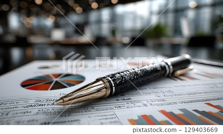 close-up of conference table detail with pen and analysis chart, minimal corporate style, 3D render, 129403669