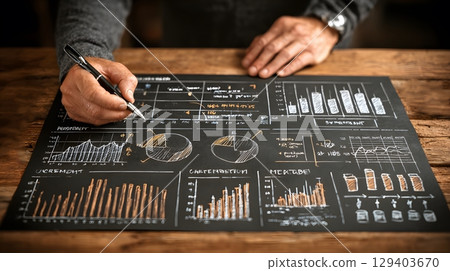 video storyboard of team presenting charts, dynamic motion arrows, hand-drawn graphic layout 129403670