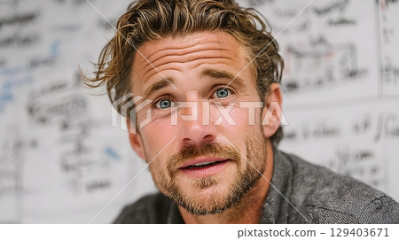 close-up storyboard frame of employee explaining with gestures, office whiteboard behind 129403671