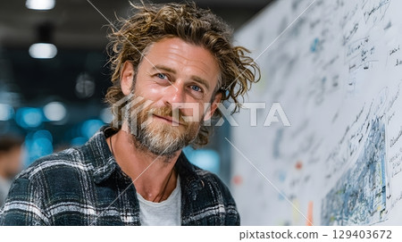 close-up storyboard frame of employee explaining with gestures, office whiteboard behind 129403672