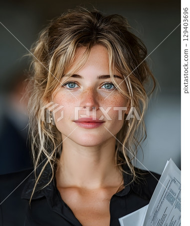 professional business portrait of a woman with documents in hand during meeting 129403696