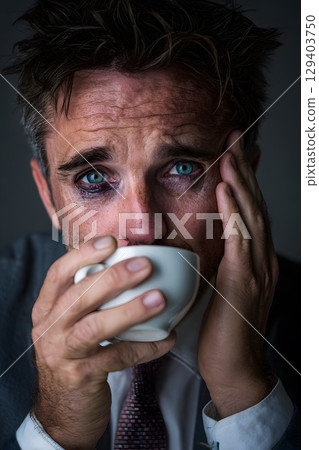 sad businessman holding coffee cup and dark circle eyes, 129403750
