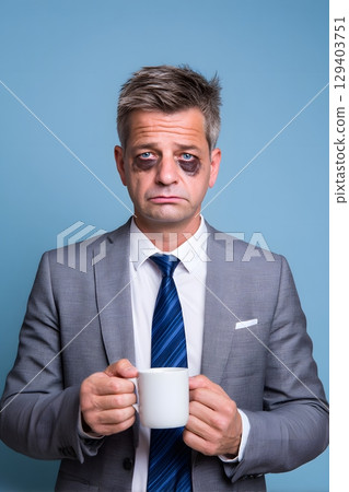 sad businessman holding coffee cup and dark circle eyes, 129403751