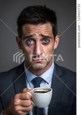 sad businessman holding coffee cup and dark circle eyes, 129403752