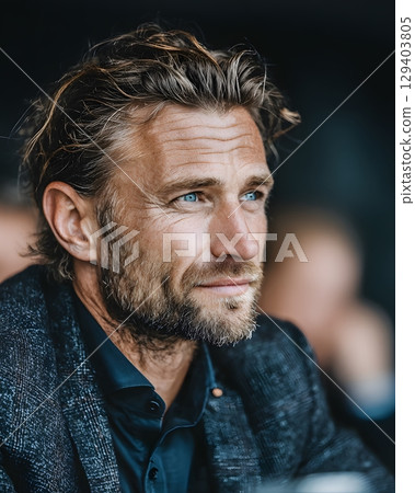 profile portrait of businessman during negotiation, modern office background 129403805