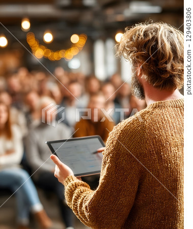 realistic 3D render of portrait meeting scene, focus on speaker with tablet in hand 129403806