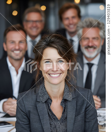 office team portrait, seated in meeting room, looking at camera 129403819