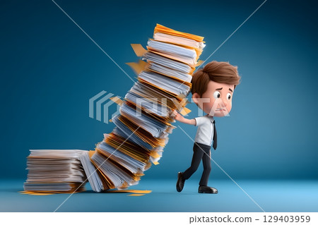 3D cartoon character under collapsing stack of files, 129403959