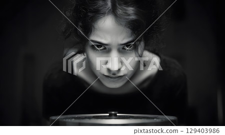dramatic photo of scale and anxious facial expression, dramatic photo of scale and anxious facial expression, 129403986