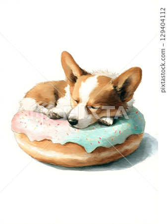 Watercolor sleeping corgi in a donut, 129404112