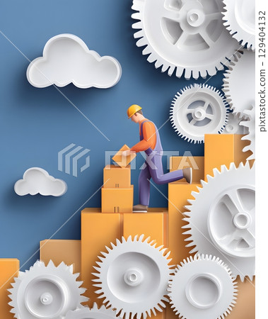 paper cut style of logistics worker handling boxes with gear, 129404132