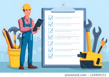 paper cut style image of contractor checking tools on checklist, 129404151
