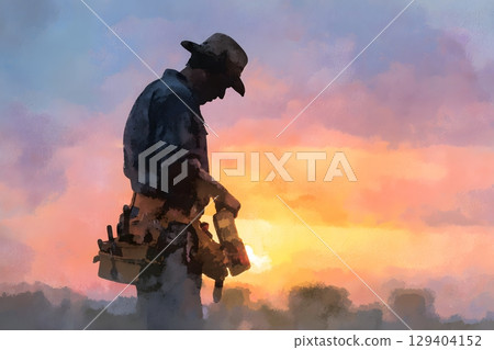watercolor image of technician packing toolbelt at sunrise, 129404152