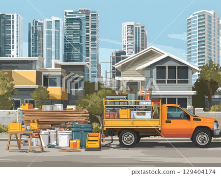 digital vector of construction prep with vehicle and supplies, 129404174