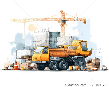 digital vector of construction prep with vehicle and supplies, 129404175