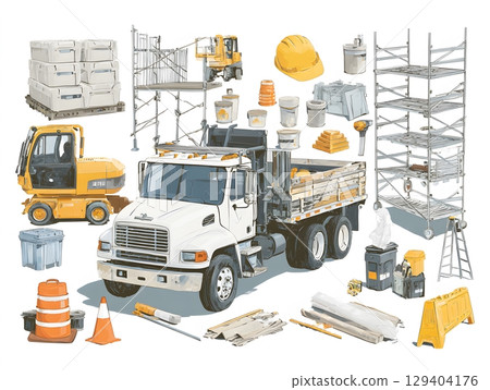 digital vector of construction prep with vehicle and supplies, 129404176