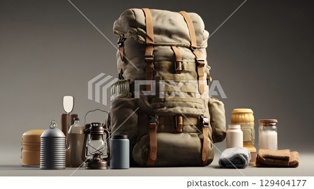 realistic 3D rendering of camping items being packed into rucksack, 129404177