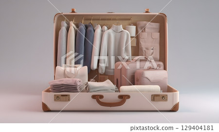 3D rendering of a suitcase open with clothing and travel accessories, 129404181