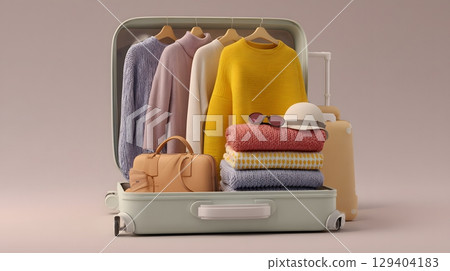 3D rendering of a suitcase open with clothing and travel accessories, 129404183