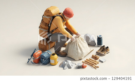 3D model of hiker packing gear into mountain bag, 3D model of hiker packing gear into mountain bag, 129404191