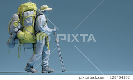 3D model of hiker packing gear into mountain bag, 129404192