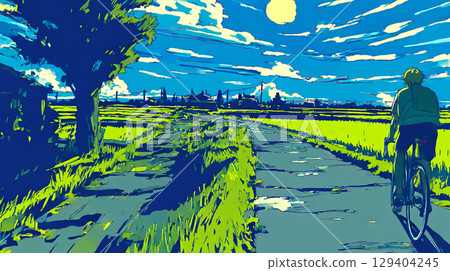 藍天白雲下，在鄉間小路上騎腳踏車 129404245