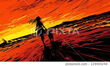 日落時分，一個女孩帶著她的狗在海灘上散步 129404248