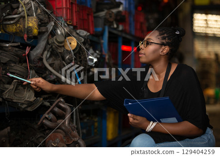 Smiling african american female worker holding blue folder while inspecting car parts warehouse. Concept of automotive maintenance, quality control service. Employees checking inventory. Smiling african american female worker holding blue folder while inspecting car parts warehouse. Concept of automotive maintenance, quality control service. Employees checking inventory. 129404259