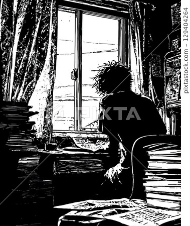 A person gazing out the window and a messy room 129404264