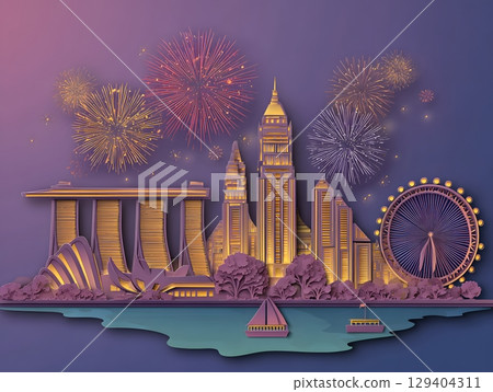 Papercut Singapore landmarks with glowing fireworks, 129404311