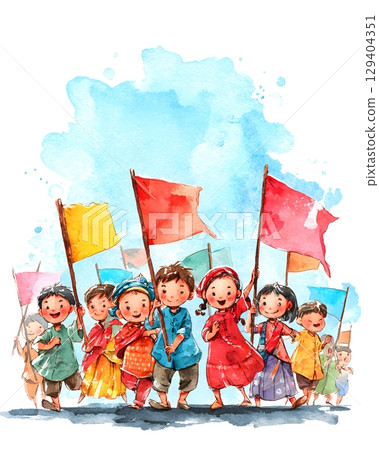Kids in traditional dress waving flags, watercolor banner style, 129404351