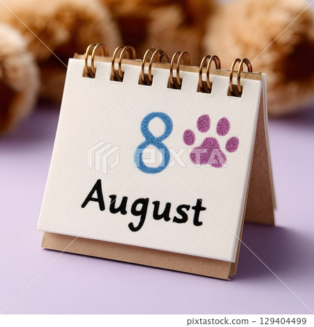 Papercut calendar page with August 8 marked by paw print, 129404499