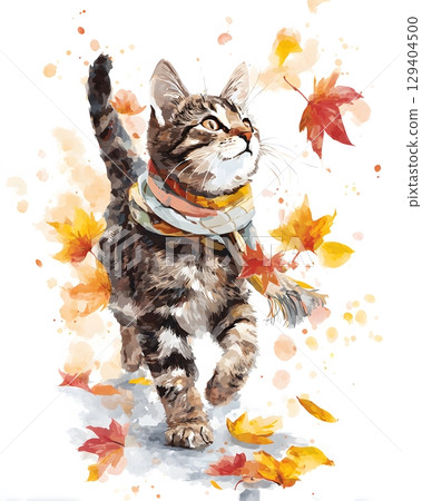 Cute cat with scarf walking in watercolor autumn leaves, 129404500