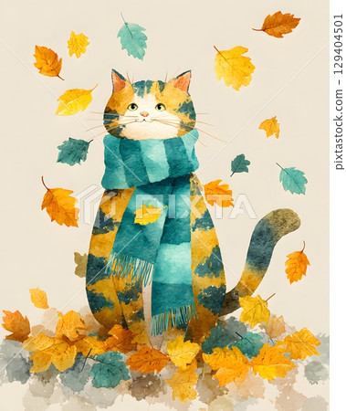Cute cat with scarf walking in watercolor autumn leaves, 129404501