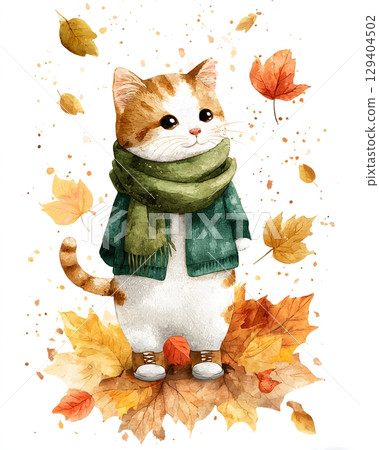 Cute cat with scarf walking in watercolor autumn leaves, 129404502