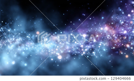 Abstract background of blue and purple light waves and shining particles. Spreading particles and network pattern material Abstract background of blue and purple light waves and shining particles. Spreading particles and network pattern material 129404666