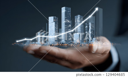 Smart city concept above hand with economic growth curves and investment map Smart city concept above hand with economic growth curves and investment map 129404685