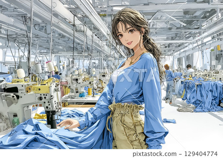 Illustration of a woman inspecting finished products at a sewing factory. A satisfied and gentle expression. 129404774