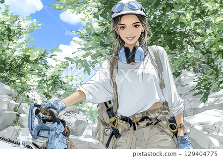 Forestry - Illustration of a smiling woman holding a chainsaw 129404775