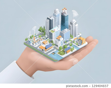 Clean isometric business display with smart city in hand 129404837