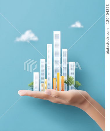 Minimalist flat skyline in hand with growth bar chart 129404838