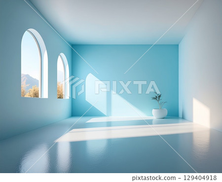Light shining diagonally onto the wall and floor from the window in a room with plants, blue tones Light shining diagonally onto the wall and floor from the window in a room with plants, blue tones 129404918