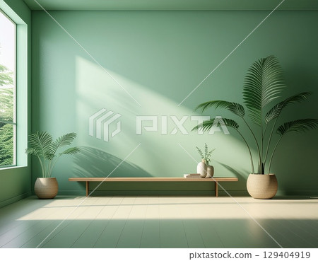 Light shining diagonally onto the wall and floor from the window in a room with plants, green tones 129404919
